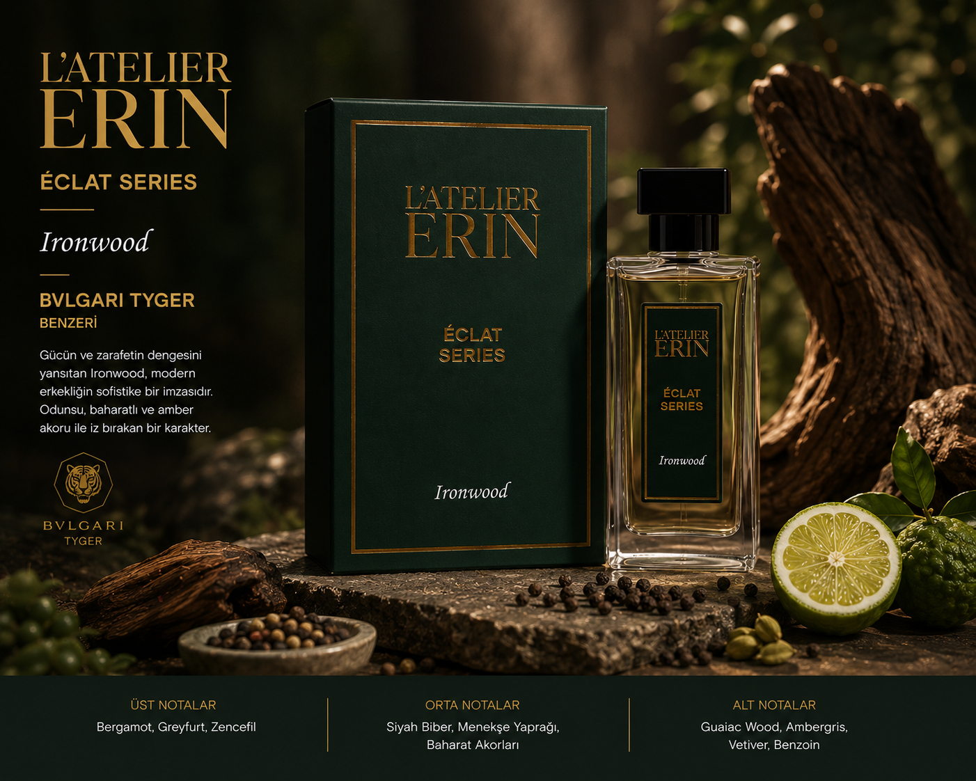 Bvlgari Tygar  muadili erkek parfum,niche koku (Ironwood)